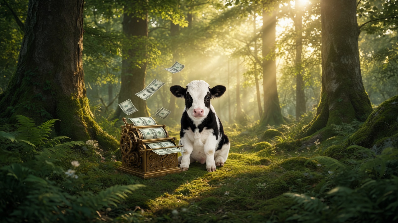 cash cow beside a brass money printer in the forest