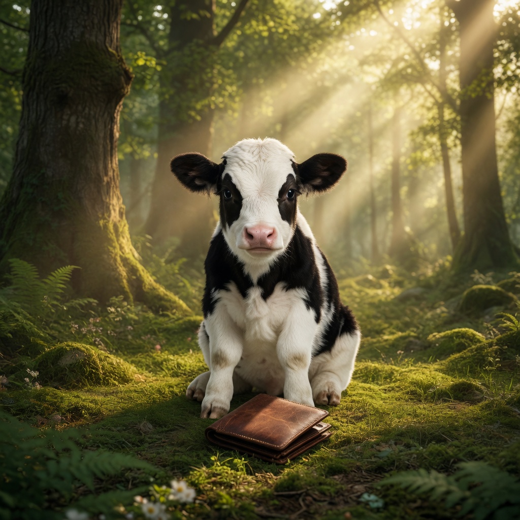 calf with a leather wallet in the forest