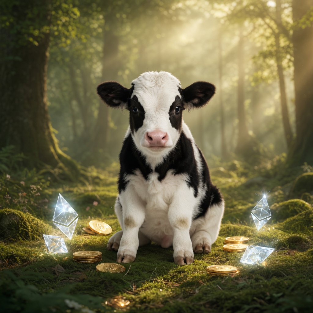 calf with glowing Ethereum crystals and gold coins