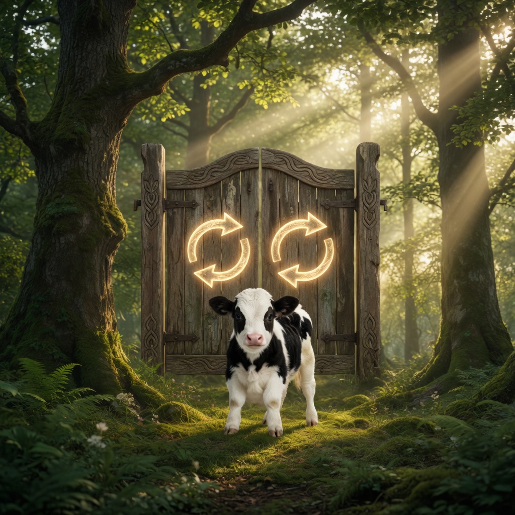 calf at a wooden forest gate with glowing swap arrows