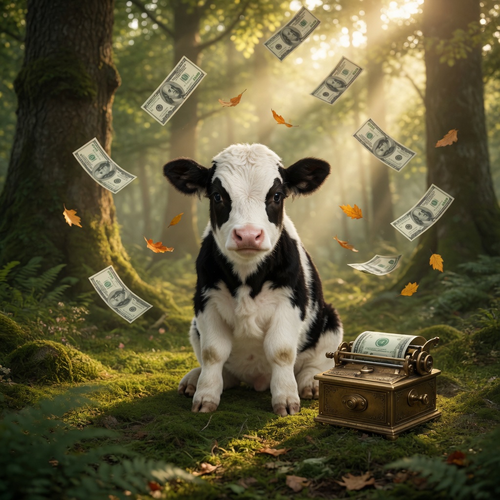 calf with a money printer and dollar bills floating in the forest